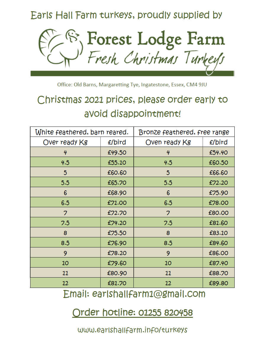 Turkey prices 2021 - Earls Hall Farm, St Osyth, Essex